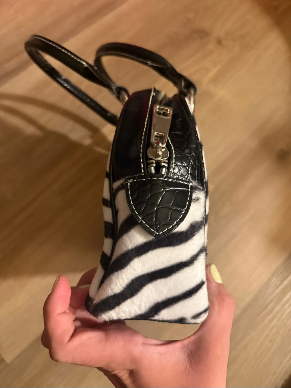 Y2K Black & White Zebra Print Handbag with Black Accents
